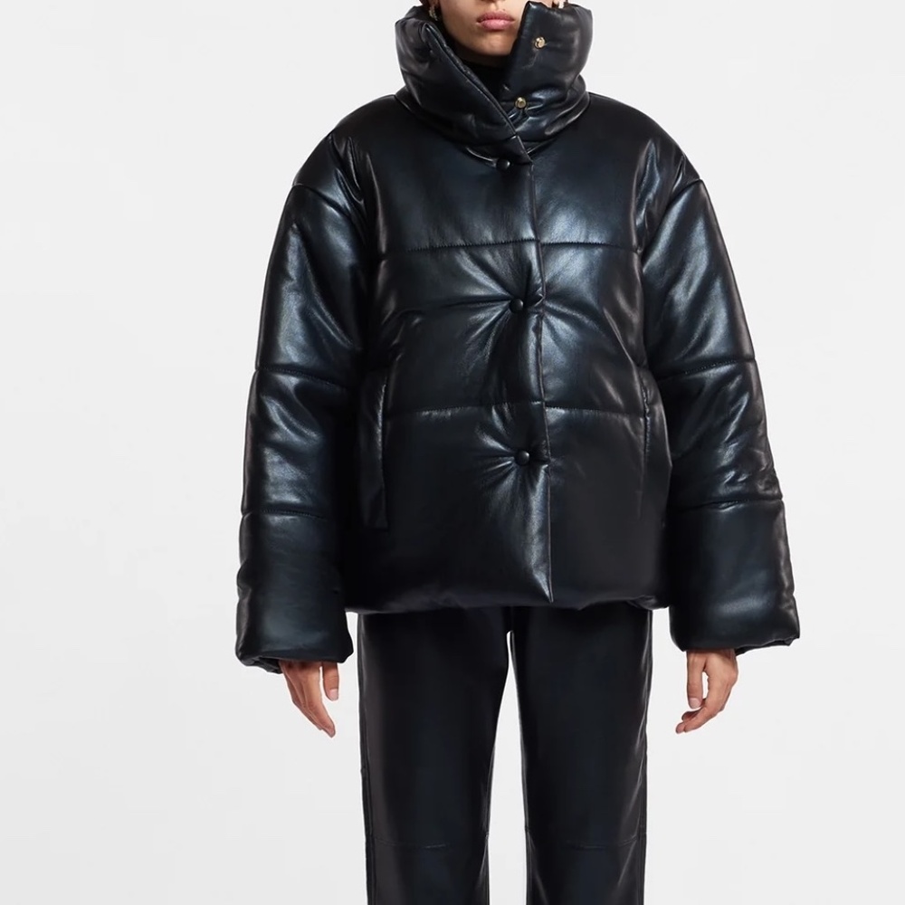 Nanushka Black HIDE Okobor Faux Leather Oversized Puffer Jacket Size Small New